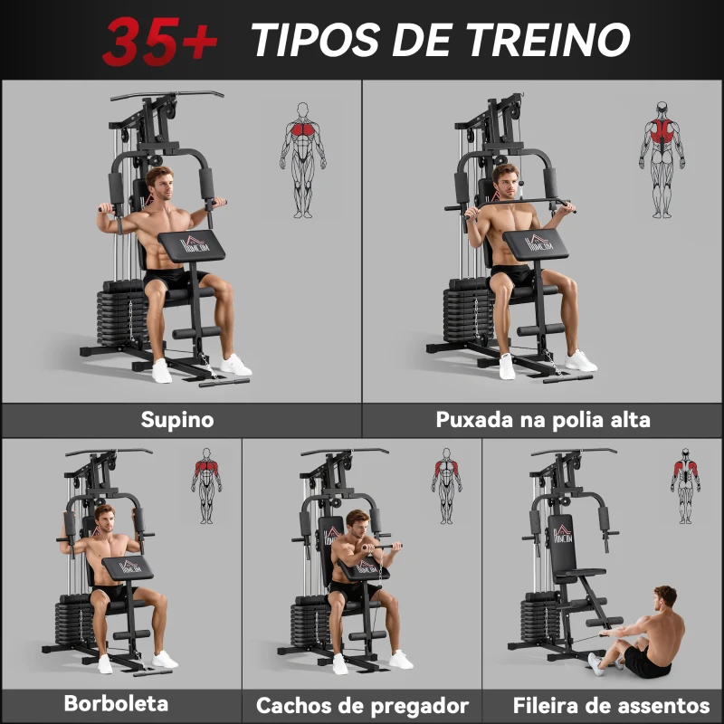 HOMCOM Máquina de Musculação com Pesos Ajustáveis de 45 kg, Press de Peito e Pernas, Polia 135x103x210 cm, Preto