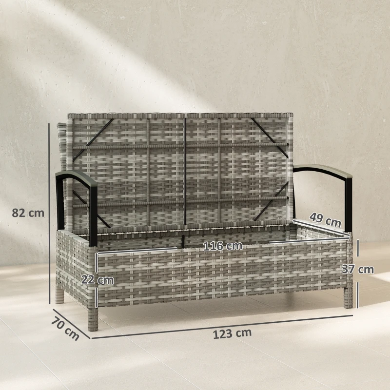 Outsunny Tuinbank met opbergruimte 2-zits bank met kussen en handgrepen 125L poly-rattan 123 x 70 x 82 cm donkergrijs