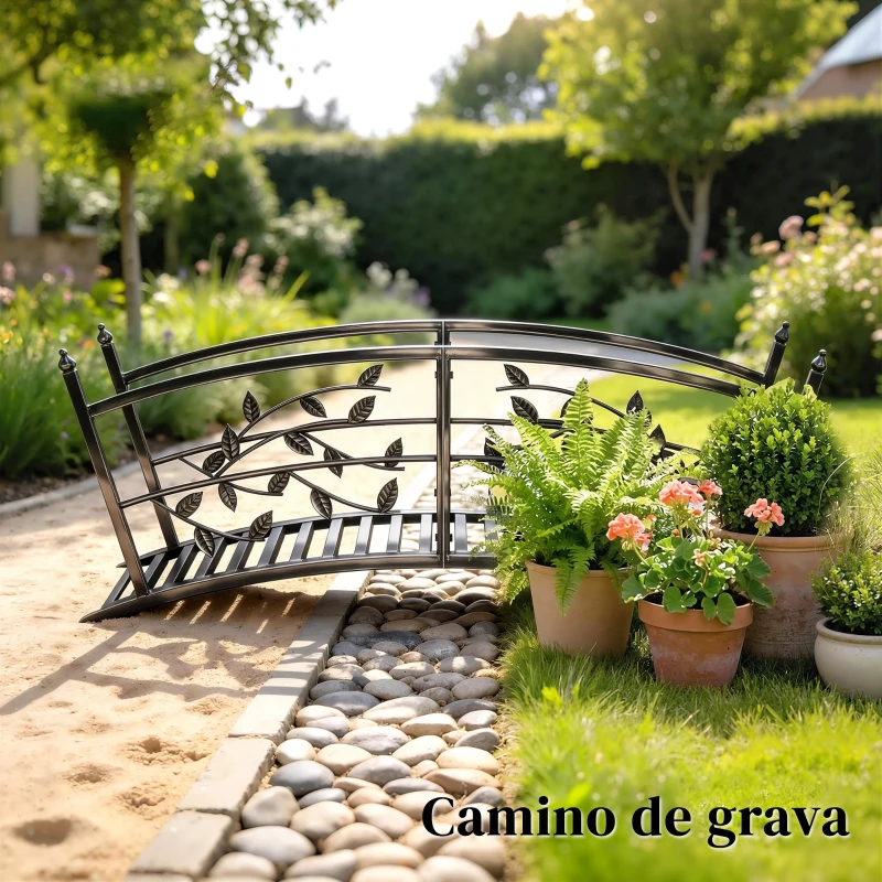 Outsunny Ponte da Giardino in Metallo 1,2 m, Ponte Decorativo per Stagni con Ringhiere di Sicurezza e Design a Foglie, Nero