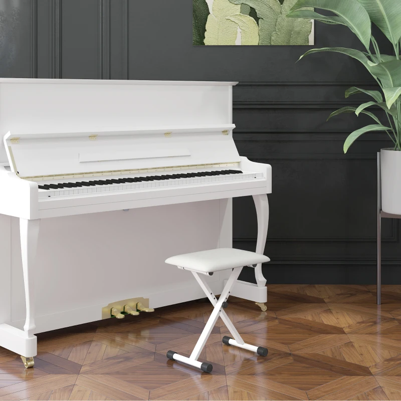 HOMCOM Taburete de piano plegable, banco de piano regulable en altura, asiento acolchado en PU, 39 x 29 x 37-47 cm, blanco
