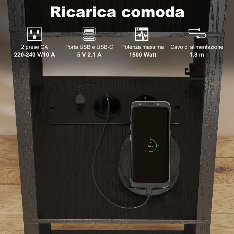 HOMCOM Lampada da Terra con Ripiani, Luce Regolabile, Interruttore a Pedale e Porte USB, Nero