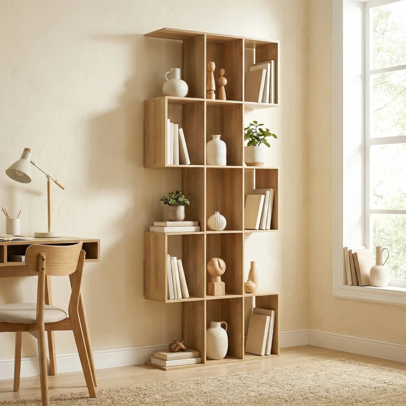 HOMCOM Bibliothèque à 5 niveaux, étagère de rangement en forme S avec 15 compartiments ouverts, 80 x 24 x 200 cm, chêne