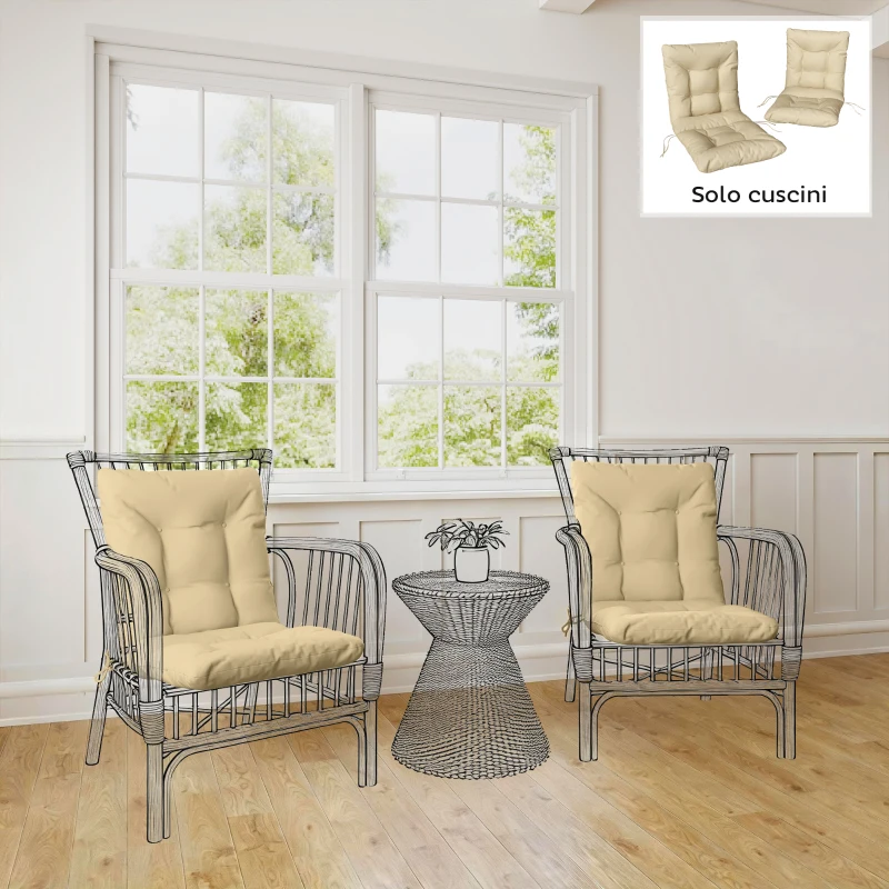 Outsunny Set 2 Cuscini per Sedie da Esterno con Lacci di Fissaggio, in Poliestere e Cotone, 120x50x8 cm, Beige