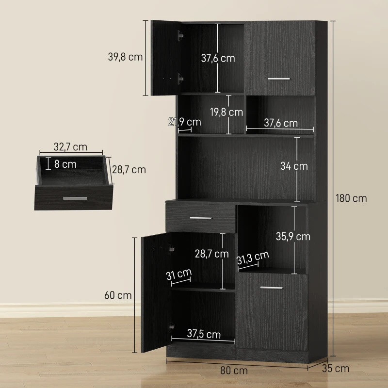 HOMCOM Armario de cocina, aparador con cajón, puertas Soft-Close, 80 x 35 x 180 cm, Negro