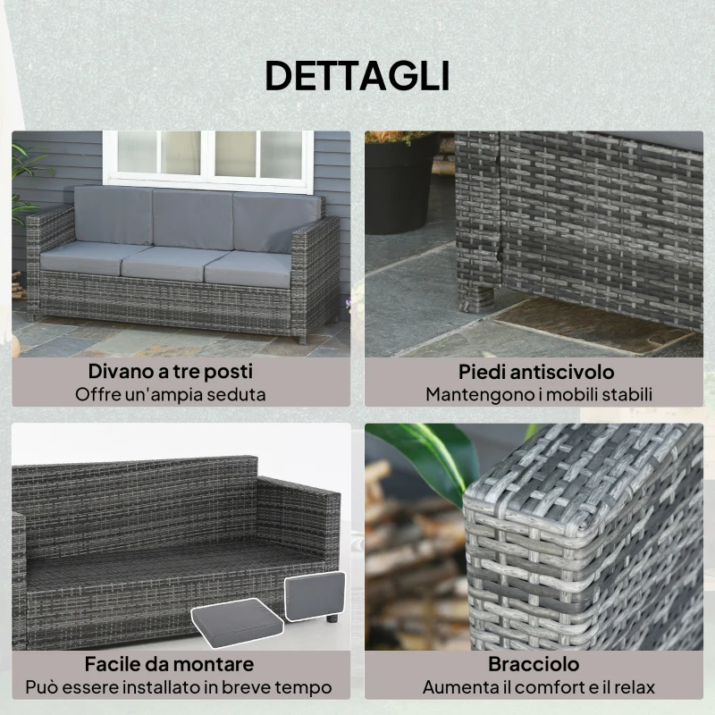 Outsunny Divano da Esterno 3 Posti in Rattan PE e Metallo con Cuscini per Seduta e Schienale, 185x70x80 cm, Grigio