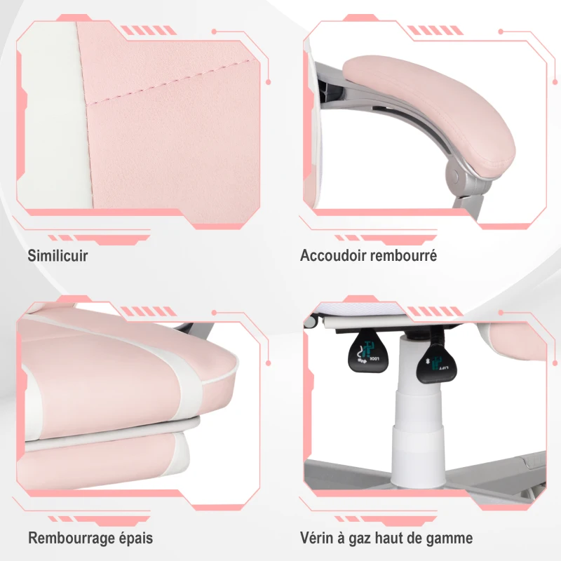 HOMCOM Chaise gaming, fauteuil gaming ergonomique avec repose-pieds, hauteur réglable, dossier inclinable, 63x63x123cm, rose