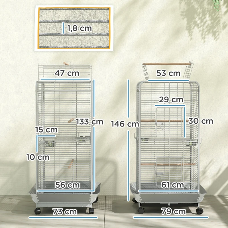 PawHut Cușcă pentru Papagali cu Ruedas Perches Hrănitori și Tavă Detașabilă Pajarera pentru Cacatúas Cotorras 79x73x146cm Gri Deschis