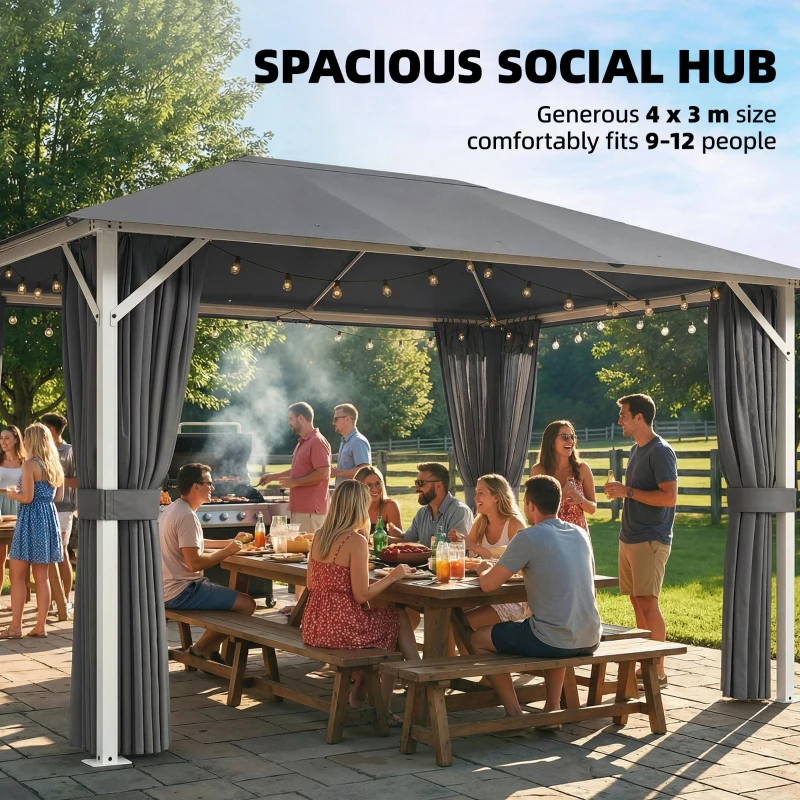 Outsunny Gazebo da Giardino 4x3m Impermeabile e Stabile, con Zanzariera, 4 Pannelli Laterali, Ventilazione e Fori di Drenaggio, Grigio Scuro