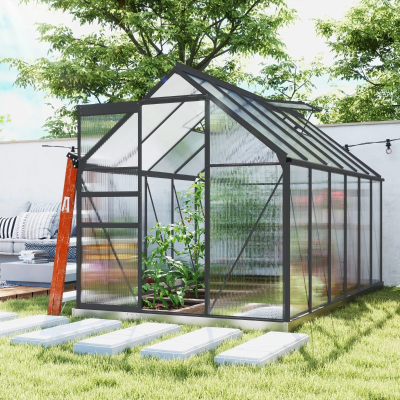 Outsunny Invernadero de jardín en policarbonato y aleación de aluminio con base, invernadero con ventana regulable y puerta corredera 190x375x199cm