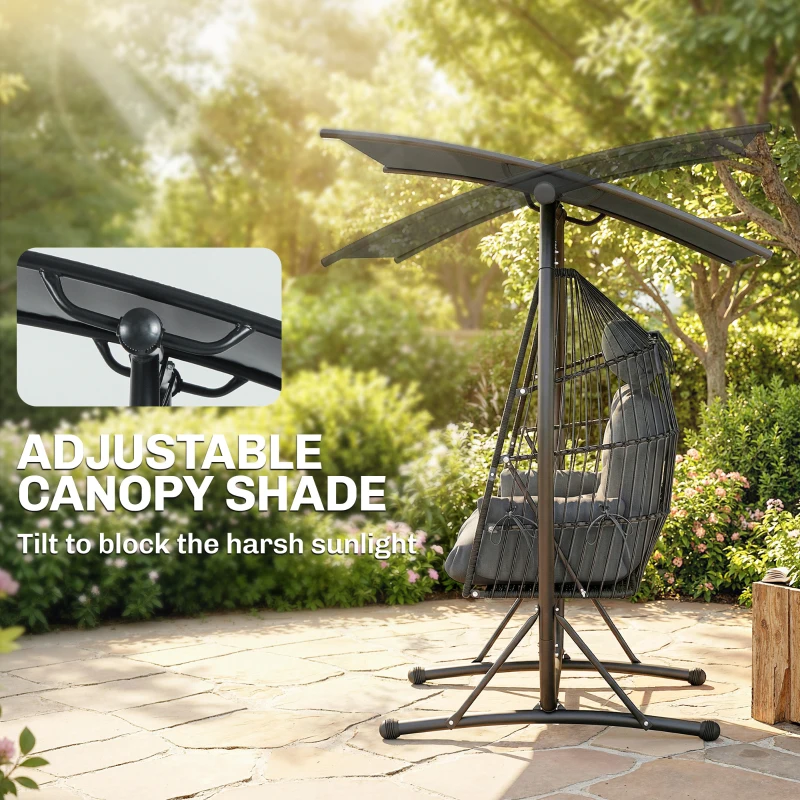 Outsunny Double Hanging Egg Chair with Canopy, Rattan Garden Egg Swing Chair with Cushion, Stand for Indoor Outdoor, Dark Grey
