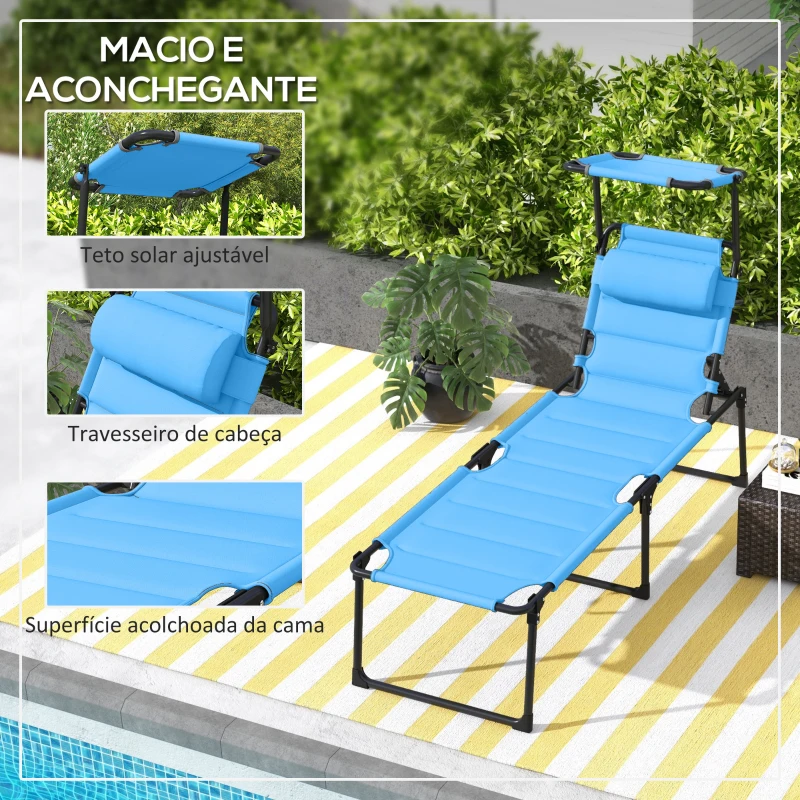 Outsunny Espreguiçadeira de Jardim com Toldo Ajustável Encosto Regulável em 4 Níveis Apoio de Cabeça para Terraço 70x200x45 cm Azul Claro