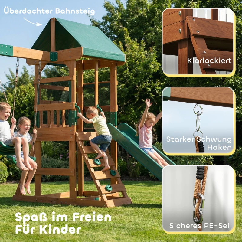 AIYAPLAY Spielturm Klettergerüst Holz Schaukelgestell mit Rutsche 2 Schaukeln Kletterwand für 3-8 Jahre 315x284x233 cm Grün