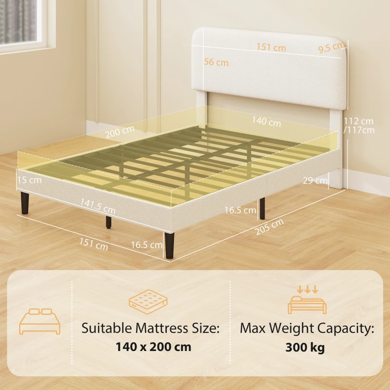 HOMCOM Letto singolo con testiera imbottita teddy e telaio in metallo, Bianco