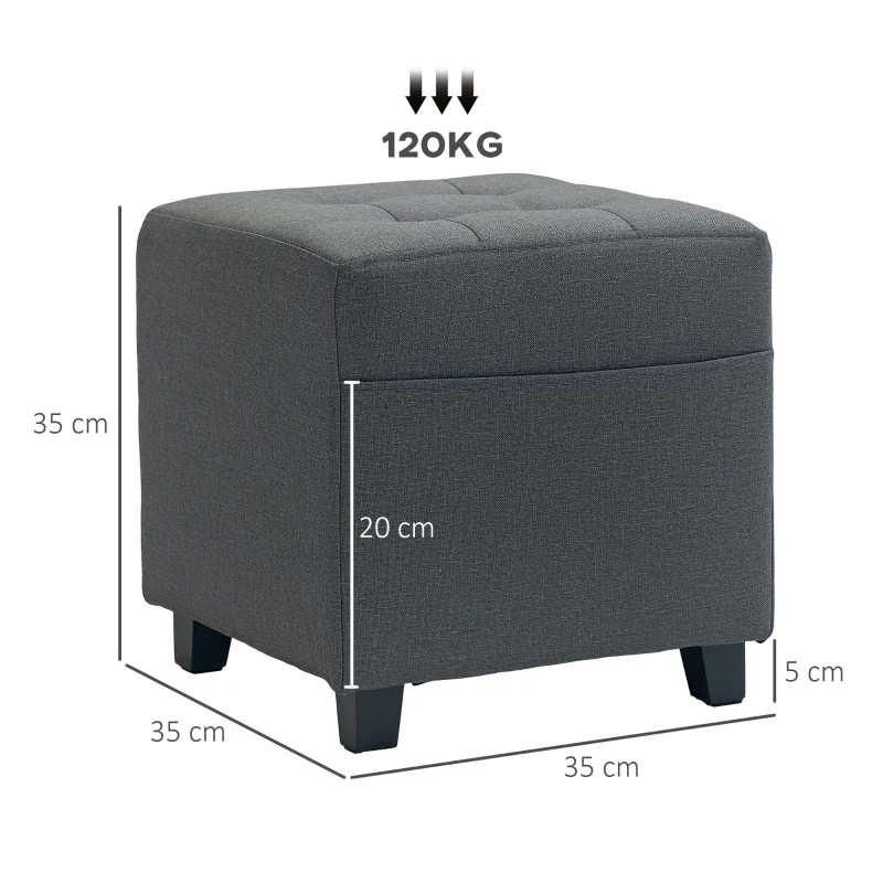 HOMCOM Fußhocker Wohnzimmer, Ottoman, gesteppter gepolsterter Sitz in Leinenoptik mit Seitentasche, 35 x 35 x 35 cm, grau