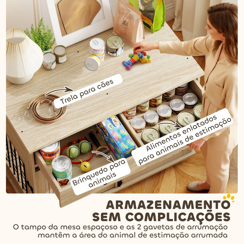 PawHut Gaiola para Cães Médios e Grandes Mesa de Apoio Moderna com 2 Gavetas 2 Portas e Fecho 100x56x81 cm Carvalho