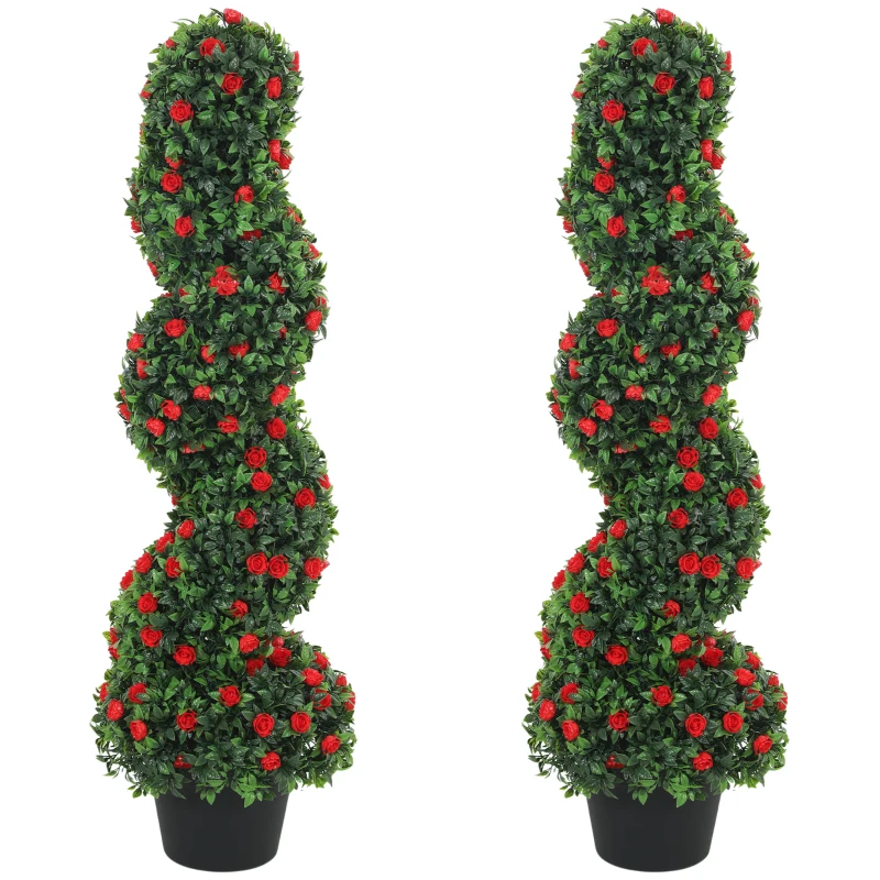HOMCOM Artificial Rose Spiral Topiary Tree Set of 2, Indoor Outdoor Fake Plants with 630 Leaves, 90cm
