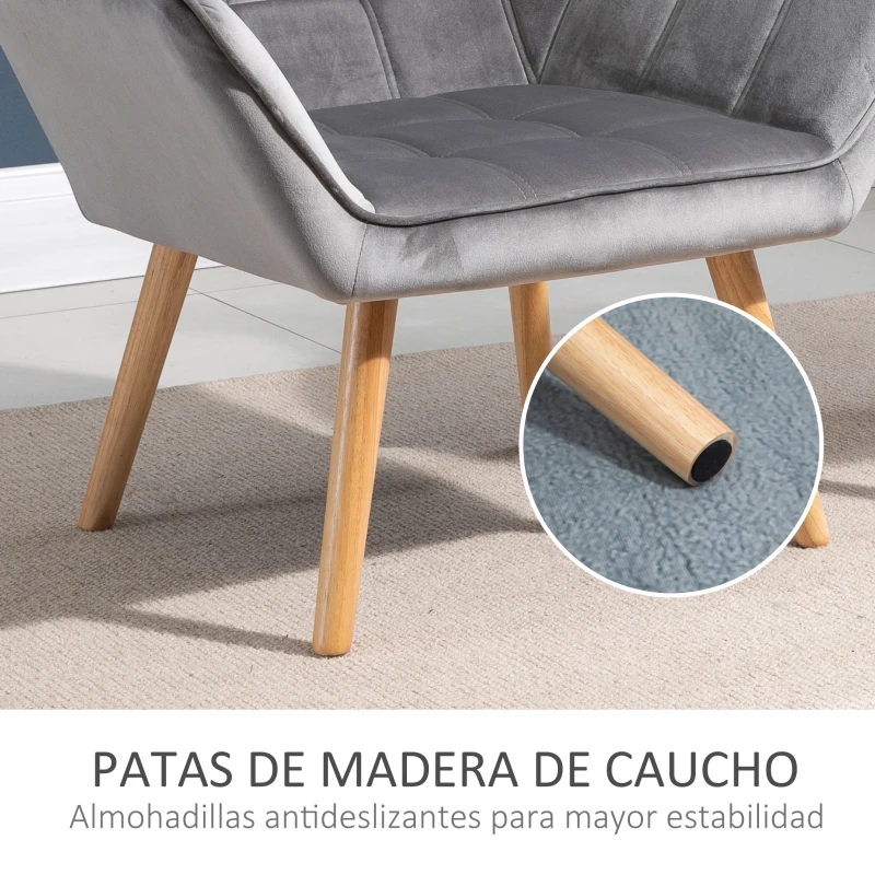 HOMCOM Butaca de Salón Moderna Tapizado en Terciopelo con Patas de Madera Sillón Relax para Sala de Estar Gris