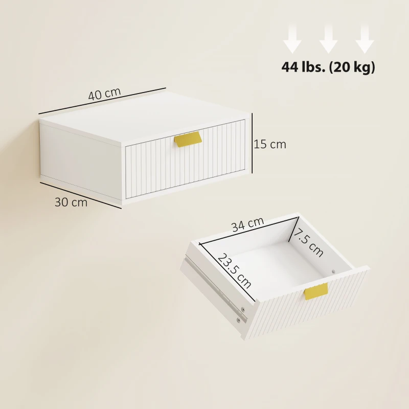 HOMCOM Set di 2 Comodini da Parete, Comodini Sospesi con Cassetto Ondulato, 40x30x15 cm, Bianco