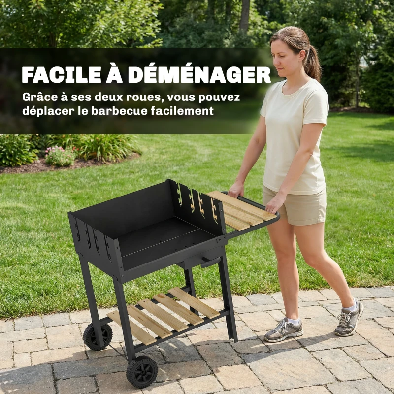 Outsunny Barbecue a carbone in legno con 2 griglie regolabili e ruote, Nero