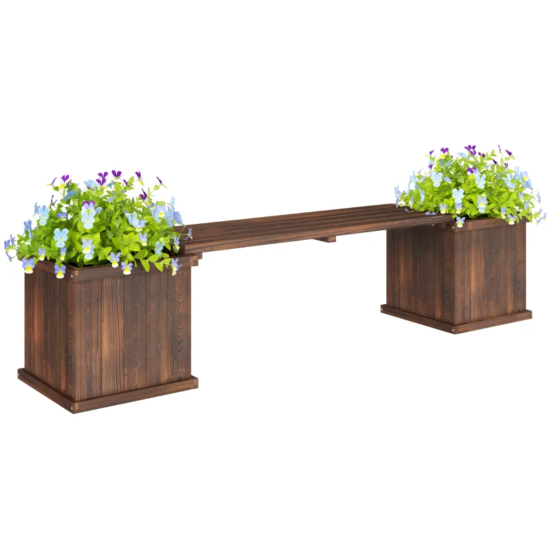 Outsunny Wooden Garden Planter & Bench Combination Garden Raised Bed Patio Park Carbonised Finish 176 x 38 x 40 cm