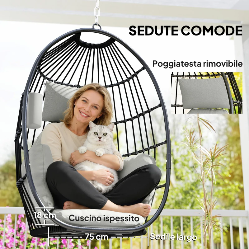 Outsunny Poltrona Sospesa a Uovo con Gancio, Cuscino e Poggiatesta, in Acciaio e Poliestere, 75x62x107 cm, Grigio