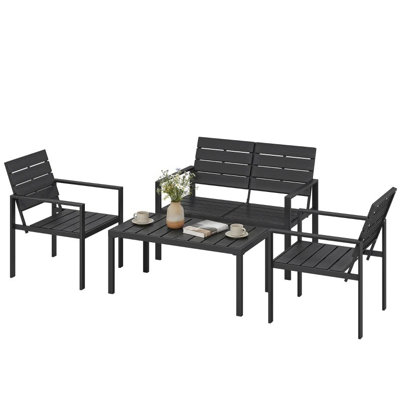 Outsunny Salotto da Giardino 4 pz con Tavolino da Caffè, Divanetto 2 Posti e 2 Sedie, in HDPE e Metallo Nero