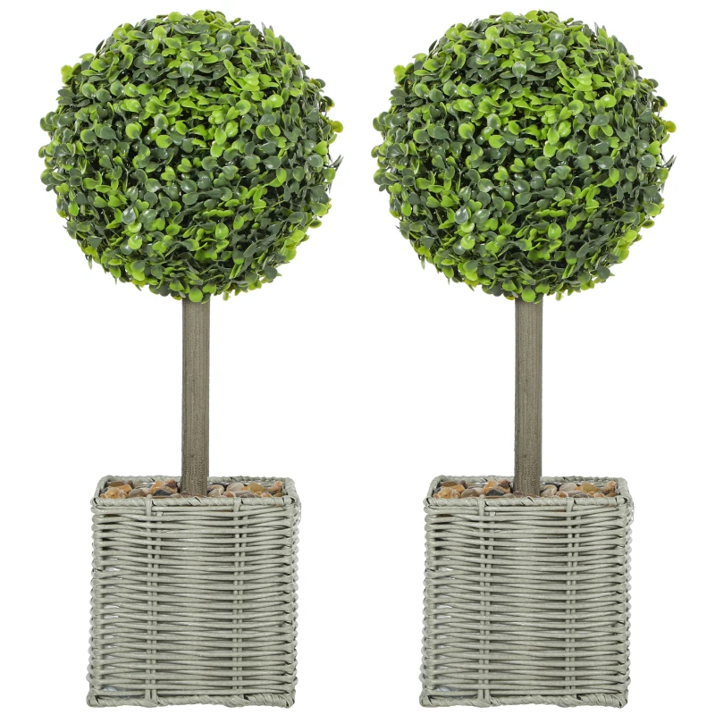 HOMCOM Lote de 2 plantas artificiales decorativas, bolas de boj artificial 50 cm con maceta de plástico trenzado y guijarros, verde