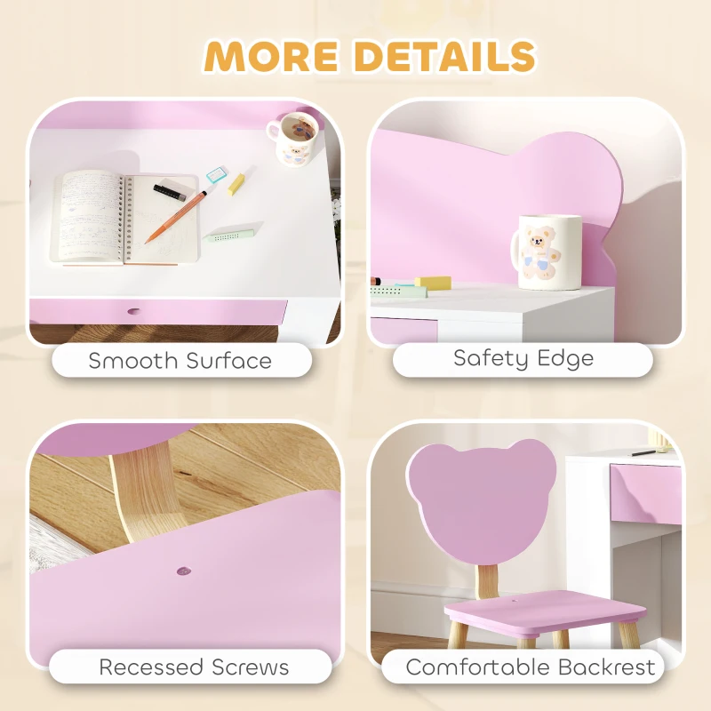 AIYAPLAY Kids Desk and Chair Set with Drawer for Drawing, Reading, Bear Theme Children Furniture for Bedroom, Daycare, Pink