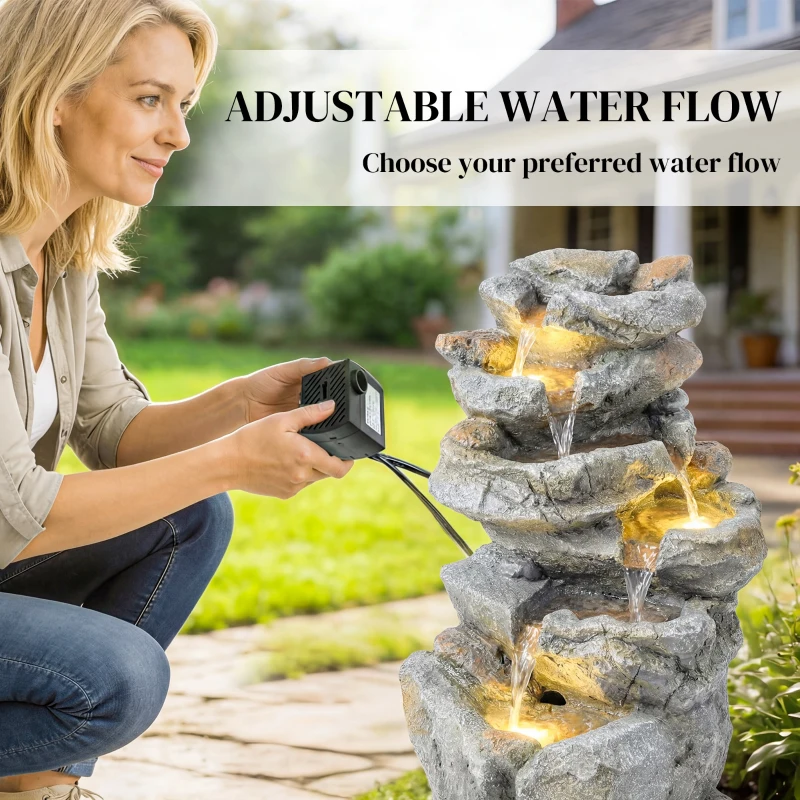 Outsunny Outdoor Water Fountain with 6-Tier Rock Style, Cascading Waterfall Feature with LED Lights, Adjustable Flow, Grey