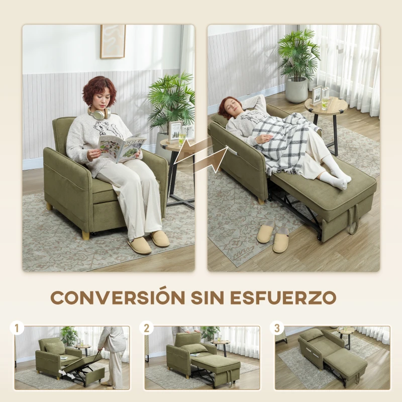 HOMCOM Sillón Cama Individual 3 en 1 Sofá Cama Plegable con Respaldo Ajustable y Cojín para Salón 74x85,5x82 cm Verde Oscuro
