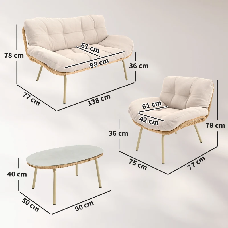 Outsunny Tuinmeubelset 4-delig Polyrattan lounge set met tweezitter, 2 stoelen, tafel, diepe zitplaatsen, dikke kussens