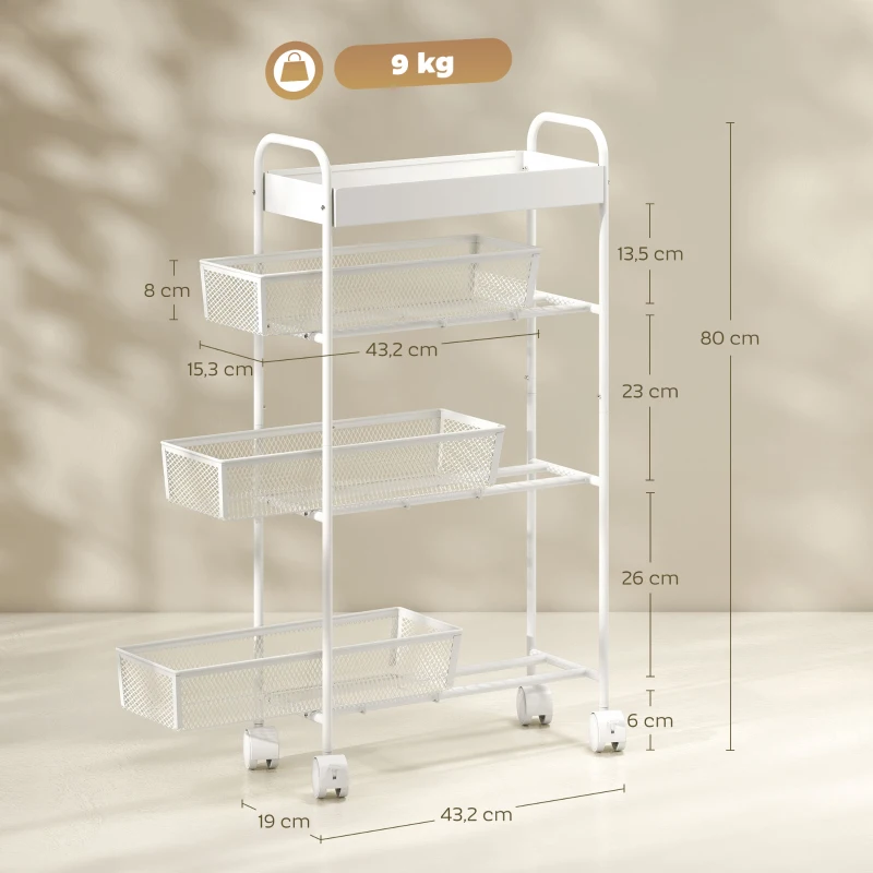 HOMCOM Carrito de cocina de metal, 3 cestas, diseño estrecho, 4 ruedas, para cocina, salón, baño, blanco