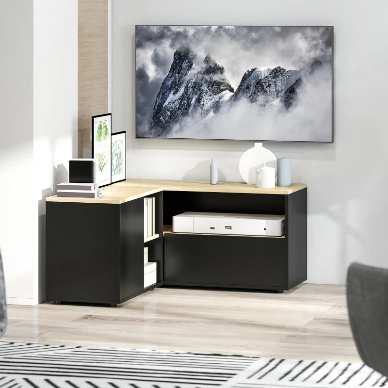 HOMCOM Mueble TV de esquina banco para televisión hasta 40 pulgadas con 2 armarios y 3 nichos 90 x 90 x 45 cm roble y negro