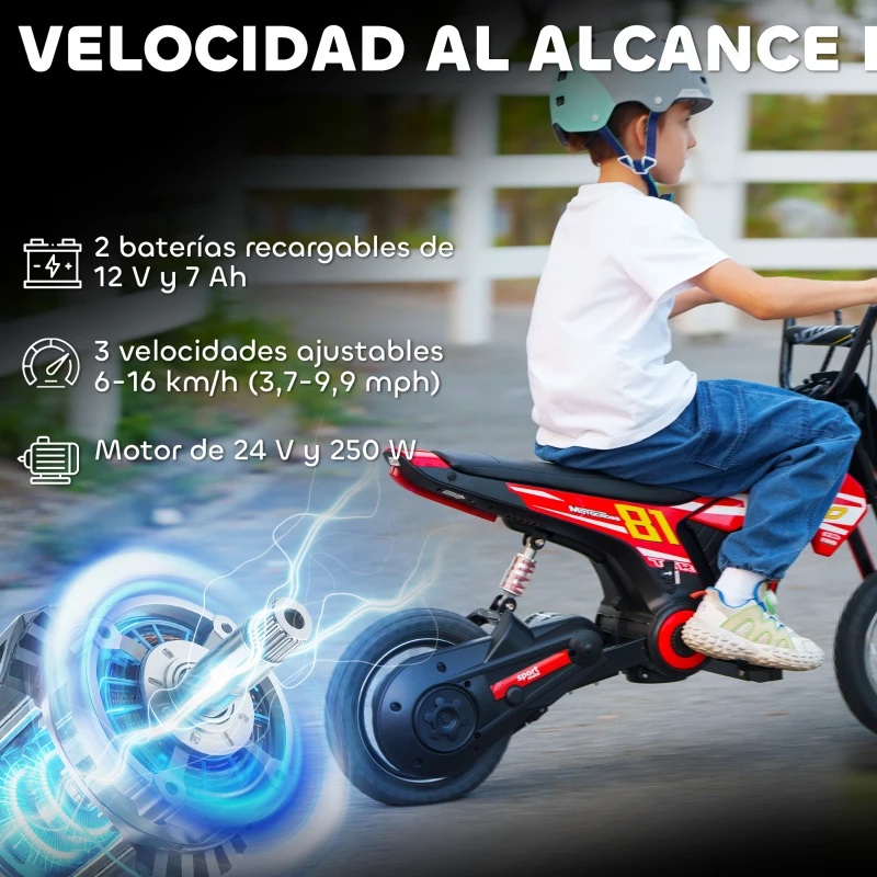 AIYAPLAY Moto Eléctrica para Niños 24V con Motor 250W Velocidad de 6-16km/h Ruedas de 12'' para Niños de 8-12 Años Rojo