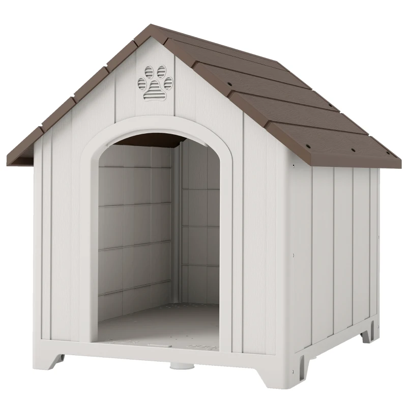 PawHut Caseta para Perros Exterior Casa para Perros Grandes de Plástico con 2 Ventanas Base Elevada Estacas Marrón Oscuro