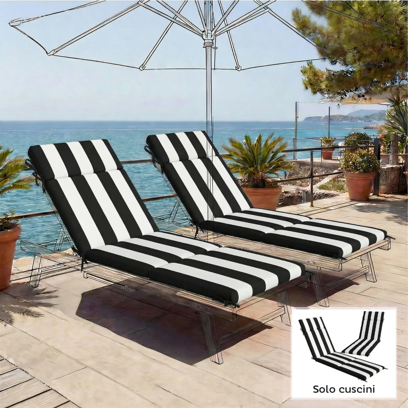Outsunny Set 2 Cuscini per Sedie da Esterno con 6 Lacci di Fissaggio, in Cotone, 183x54x6.5 cm, Nero e Bianco