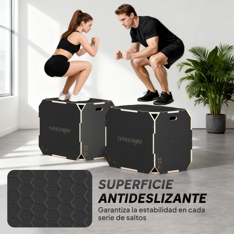 SPORTNOW Cajón Pliométrico de Madera 3 en 1 con 3 Alturas Diferentes Asas sin Esquinas Entrenamiento de Salto 76x61x51 cm Negro