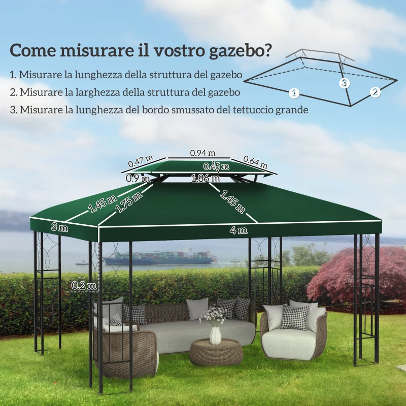 Outsunny Copertura per Gazebo 4x3 m a 2 Livelli in Poliestere con Cinghie e 10 Fori di Drenaggio, Verde
