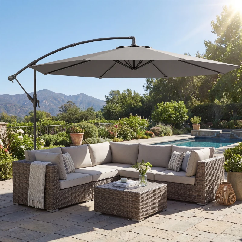 Outsunny Ombrellone decentrato con base a croce e manovella UPF30+, Ø300 cm, Grigio