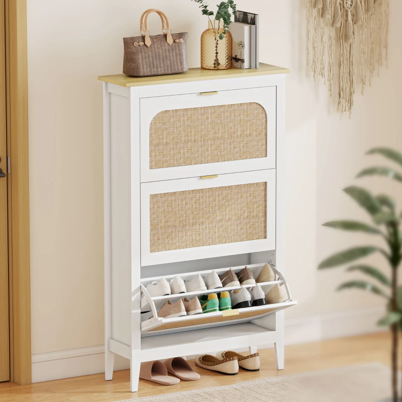 HOMCOM Schuhschrank für 21 Paar im Bohème-Stil mit 3 klappbaren Schubladen, Rattantüren, 80 x 24 x 131 cm, Weiß