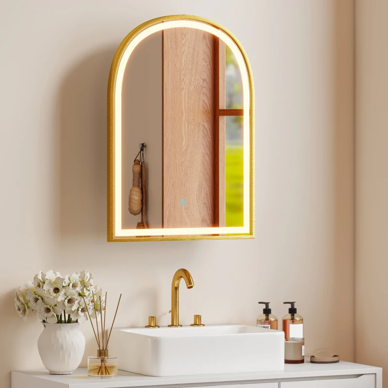 HOMCOM Armadio bagno da parete con specchio LED antiappannamento, 50x14,5x70 cm, Oro