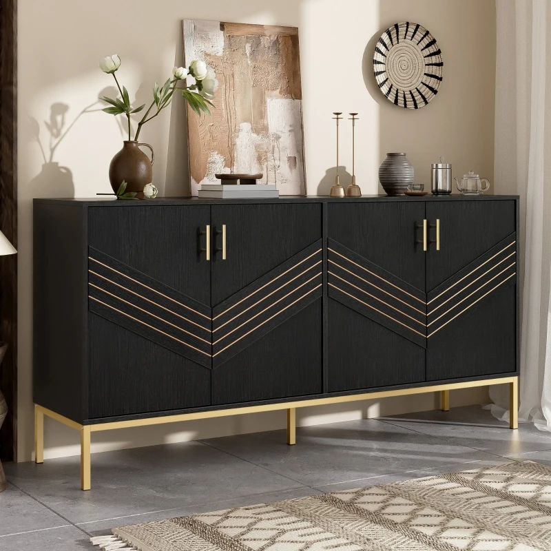 Credenza moderna con 4 ante e ripiani regolabili in altezza, in MDF, 160x40x80,5 cm, Nero
