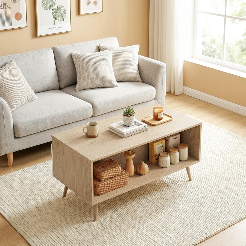 HOMCOM Masă de cafea dreptunghiulară, masă de living modernă cu 2 sertare, 5 picioare din lemn de pin, 100x50x46cm, stejar și alb
