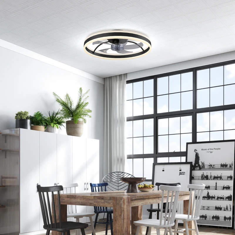 HOMCOM Ventoinha de Teto com Luz LED 6 Velocidades Motor Reversível e Comando Remoto Potência 45 W Ø50x13,5 cm Preto