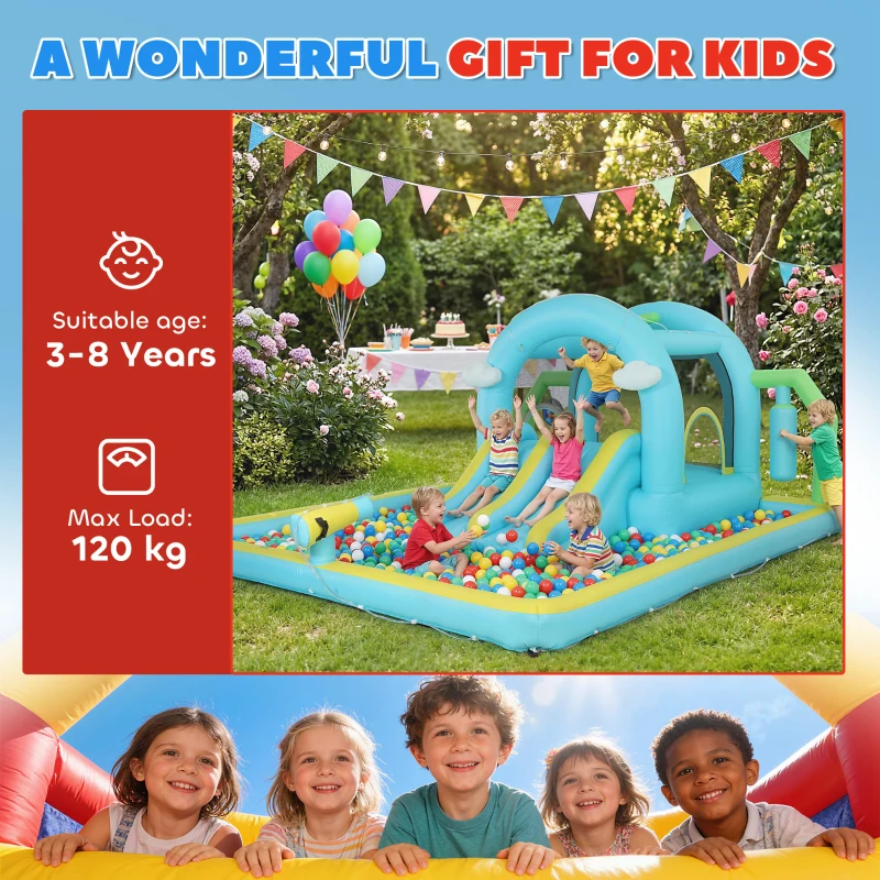 AIYAPLAY Castello Gonfiabile Acquatico 7 in 1 con Soffiatore, 2 Scivoli, Trampolino, Piscina, Canestro e Colonna da Boxe, 426x360x198 cm