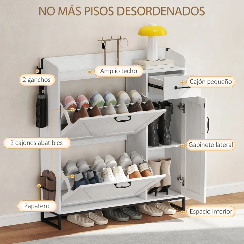 HOMCOM Zapatero Estrecho con 2 Cajones Abatibles Estantes Ajustables para 12 Pares para Espacio Reducido 106,7x26x116cm Blanco