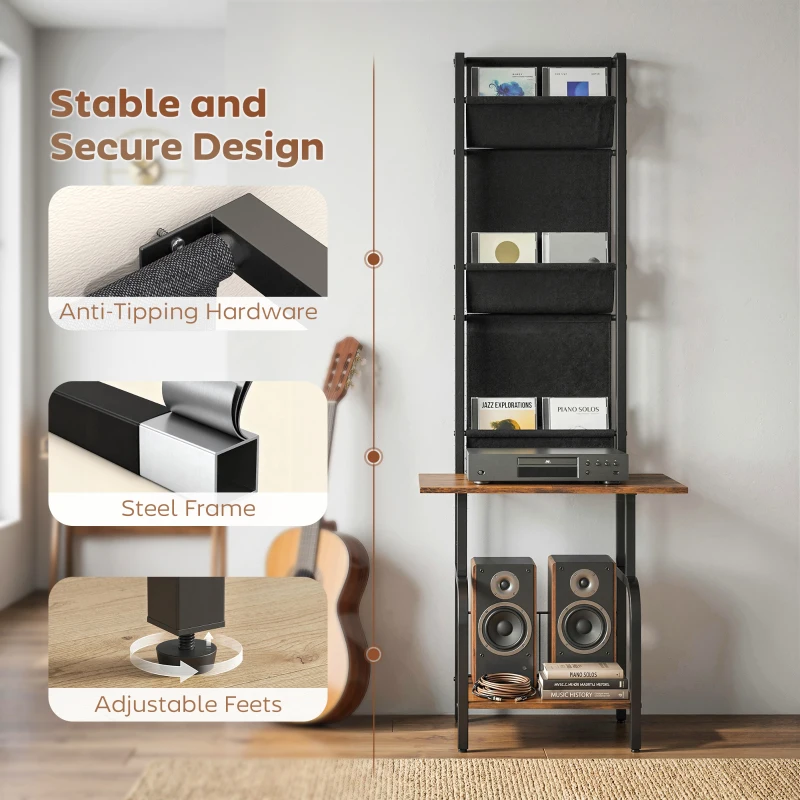 HOMCOM Vinyl Record Player Stand Record Storage with Player Stand Oxford Fabric Pockets Bottom Shelf Rustic Brown and Black