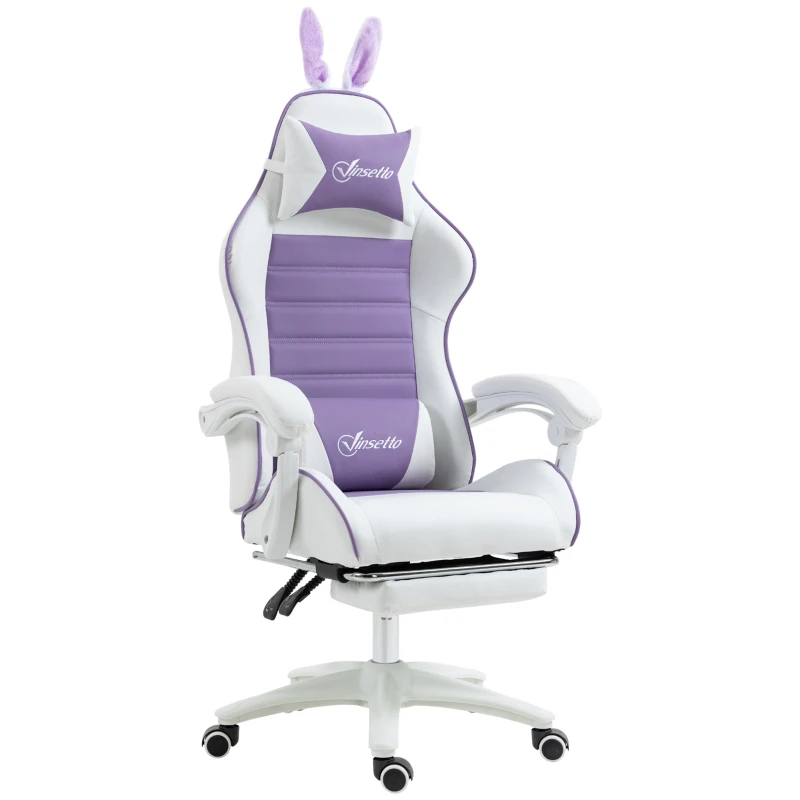 Vinsetto Silla Gaming de Cuero Sintético Reclinable 135° Reposacabezas Soporte Lumbar y Reposapiés 65x63x136-142 cm Púrpura