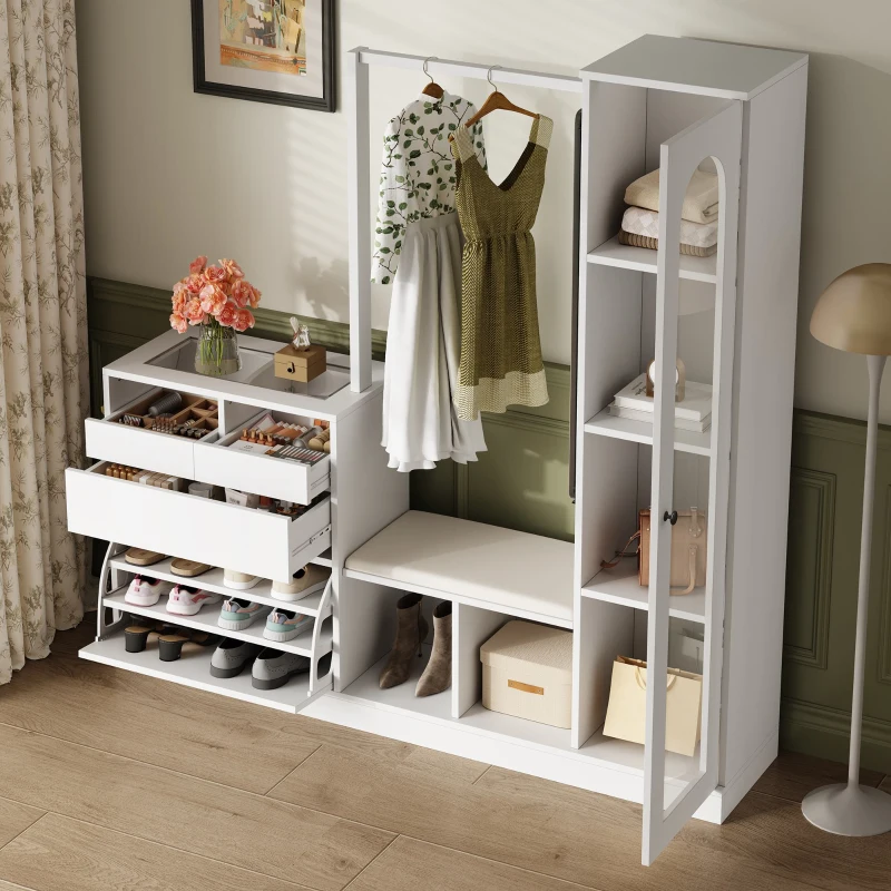 Set da Ingresso a LED con appendiabiti, tavolino, panca scarpiera e vetrina, 163x35x161 cm, Bianco