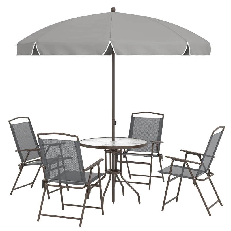 Outsunny 6 Piece Garden Dining Set with Umbrella, Patio Sets with Parasol, 4 Folding Dining Chairs, Dark Grey